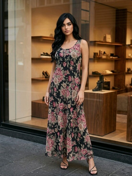 Positive Attitude Dresses & Skirts - Positive Attitude SZ 10 Vintage Sleeveless Dark Floral A-Line Maxi Dress Lined